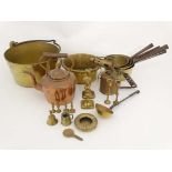 Brass copper etc ; A quantity of assorted items to include jam pan, pots, ladle, candlesticks etc