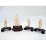 A c.1900 collection of Oriental carved ivory items to include 3 figures with spears, and a buddha on