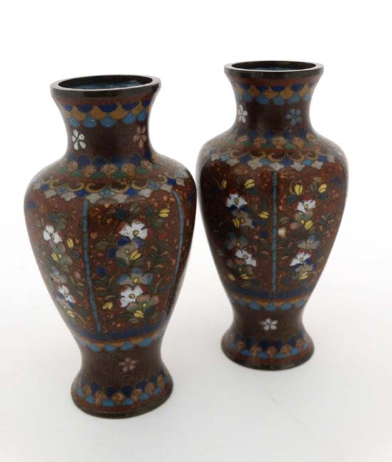 A  pair of  cloisonne vases of hexagonal baluster form with gold stone like decoration 5 1/2"