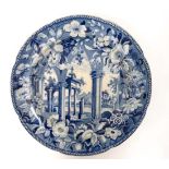 An early 19th C blue and white transfer printed plate by Rogers decorated in Tivoli pattern.