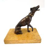 A c.1900 cast bronze model of a greyhound / long dog mounted upon a yellow marble squared plinth 5