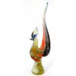 Art glass : A coloured glass model of a Murano style glass cockeral on a textured base. Approx 14"