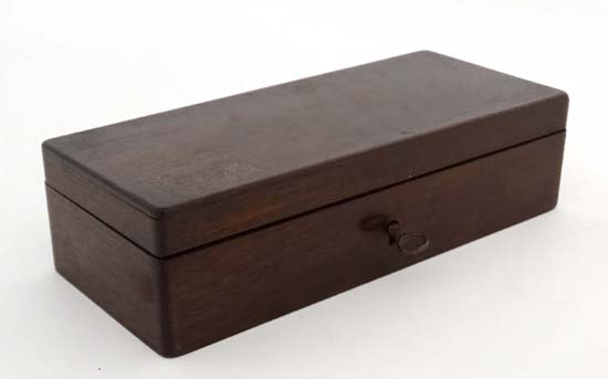A late 19thC mahogany hinged lidded box opening to reveal 3 sections within 8" wide  CONDITION: