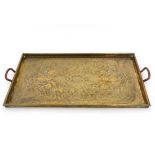 Keswick school of Industrial Arts : An unusual embossed brass tray with twin bronze handles. Stamped