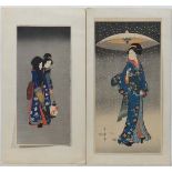 Japanese Wood Block ukiyo-e probably moku hanga : a signed print, of a Geisha girl holding an