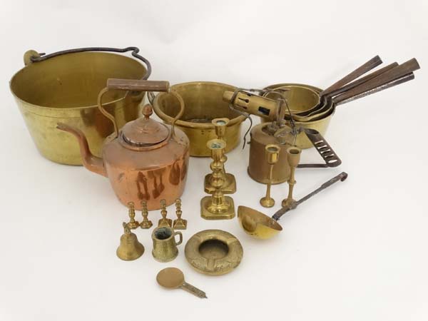 Brass copper etc ; A quantity of assorted items to include jam pan, pots, ladle, candlesticks etc - Image 6 of 11