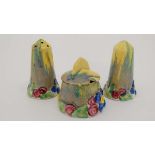 A Clarice Cliff 3 piece 'My Garden' Pattern cruet set. Comprising of pepperette, salt pot and lidded