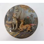 A Victorian Prattware pot lid and base  entitled 'Contrast' showing two dogs, and based on a picture