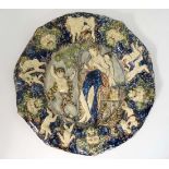 A polychrome figural majolica style dish, possibly by a follower of Bernard Pallisy, moulded in