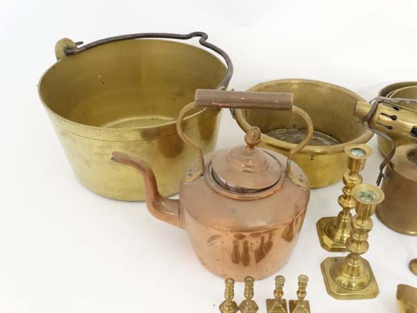 Brass copper etc ; A quantity of assorted items to include jam pan, pots, ladle, candlesticks etc - Image 11 of 11