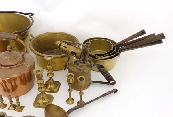 Brass copper etc ; A quantity of assorted items to include jam pan, pots, ladle, candlesticks etc - Image 9 of 11