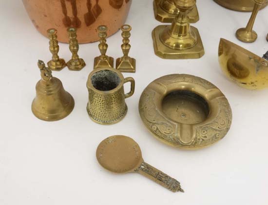 Brass copper etc ; A quantity of assorted items to include jam pan, pots, ladle, candlesticks etc - Image 2 of 11