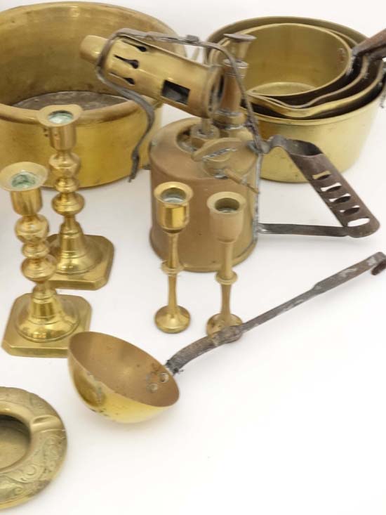 Brass copper etc ; A quantity of assorted items to include jam pan, pots, ladle, candlesticks etc