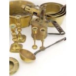 Brass copper etc ; A quantity of assorted items to include jam pan, pots, ladle, candlesticks etc