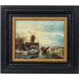 Ross Steffan XX
Oil on panel
Dutch frozen river landscape with figures, horse and windmill