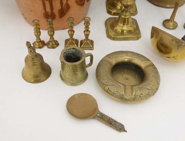 Brass copper etc ; A quantity of assorted items to include jam pan, pots, ladle, candlesticks etc - Image 10 of 11