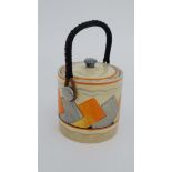 A c1930s Grays Pottery hand painted biscuit barrel with lid. With a wicker style handle. Decorated