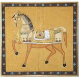 Indian silk painting c. 1920,
Oil on silk,
A Marwari , a war horse of the Maharaja .
46 3/4 x 49"