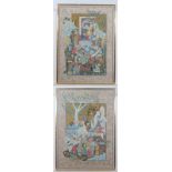 Indian / Mughal School,
Oil on silk , a pair,
Figures and Nobles in and besides a temple , figures