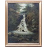 Follower of William Mellor XIX,
Oil on canvas,
A wooded waterfall .
Ascribed to stretcher 'W