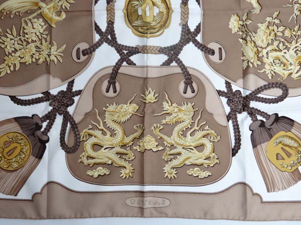 Vintage Hermes Silk "Tsubas" scarf , the beige and cream coloured ground with four brown and gold - Image 3 of 4