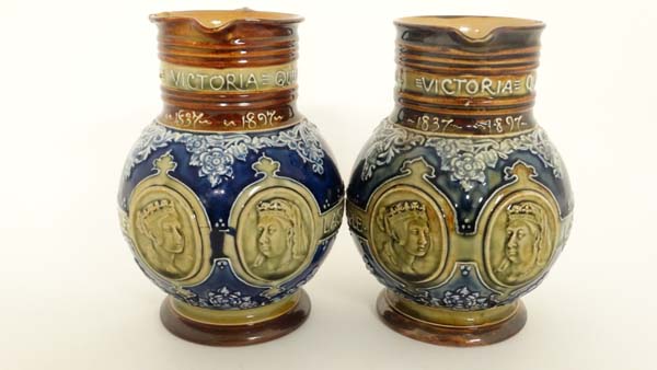 A Pair of Royal Doulton Lambeth stoneware commemorative jugs. Commemorating the Diamond Jubilee of - Image 5 of 9