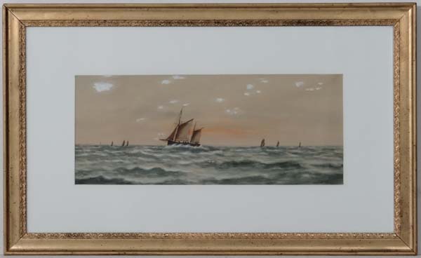 J Russell XX maritime,
Watercolour and gouache,
A fishing boat at sea with others,
Signed lower