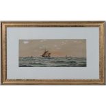 J Russell XX maritime,
Watercolour and gouache,
A fishing boat at sea with others,
Signed lower