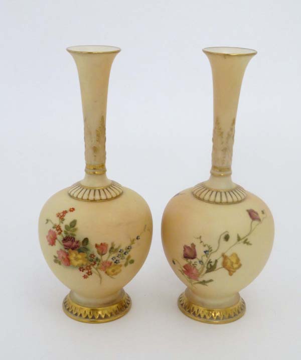 Two Royal Worcester blush ivory bottle vases, of globular form with high slender necks. Decorated - Image 12 of 13