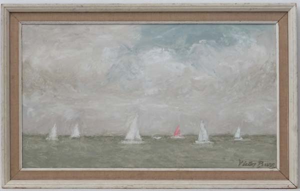 Victor Burr (1908-?),
Oil on board , pallet knife,
Yachts at sea,
Signed lower right,
13 1/2 x 23