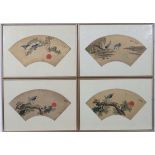 Japanese  School,
4 watercolours on gilt fan shapes,
Cranes on Spruce by setting Suns (4)  
Each