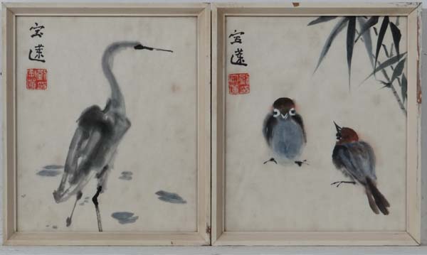 Chinese School,
Pair of watercolour and gouache,
A crane and two sparrows,
Signed with characters