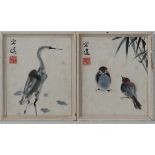 Chinese School,
Pair of watercolour and gouache,
A crane and two sparrows,
Signed with characters