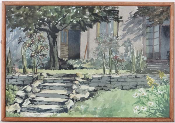 B Briggs mid XX,
Watercolour,
Steps within a garden on a hazy summer's day,
Signed lower right,
9