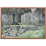 B Briggs mid XX,
Watercolour,
Steps within a garden on a hazy summer's day,
Signed lower right,
9