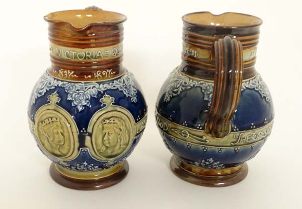 A Pair of Royal Doulton Lambeth stoneware commemorative jugs. Commemorating the Diamond Jubilee of - Image 6 of 9