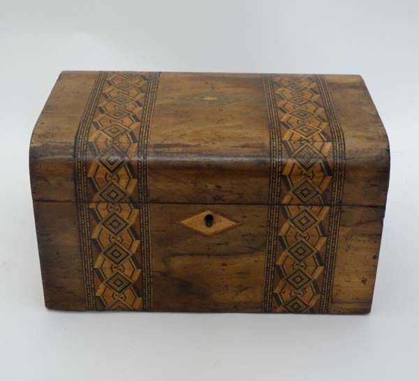 A mid 19thC walnut semi domed inlaid banded work box approx 10" wide CONDITION: Please Note -  we do - Image 3 of 7