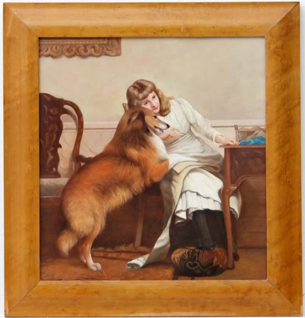 Follower of Collyer XX- XXI,
Oil on panel,
A Girl with a Collie dog,
In a Bird's Eye Maple frame ,