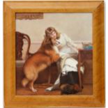 Follower of Collyer XX- XXI,
Oil on panel,
A Girl with a Collie dog,
In a Bird's Eye Maple frame ,