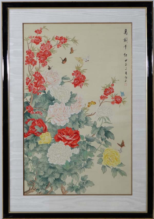 Chinese School,
Watercolour on silk,
Butterflies and Peony flowers,
Signed in characters upper right