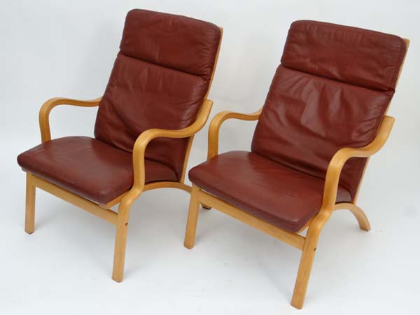 Vintage Retro : a pair of Danish Stouby leather open armchairs , with blonde  beech frame, Dark