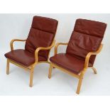 Vintage Retro : a pair of Danish Stouby leather open armchairs , with blonde  beech frame, Dark
