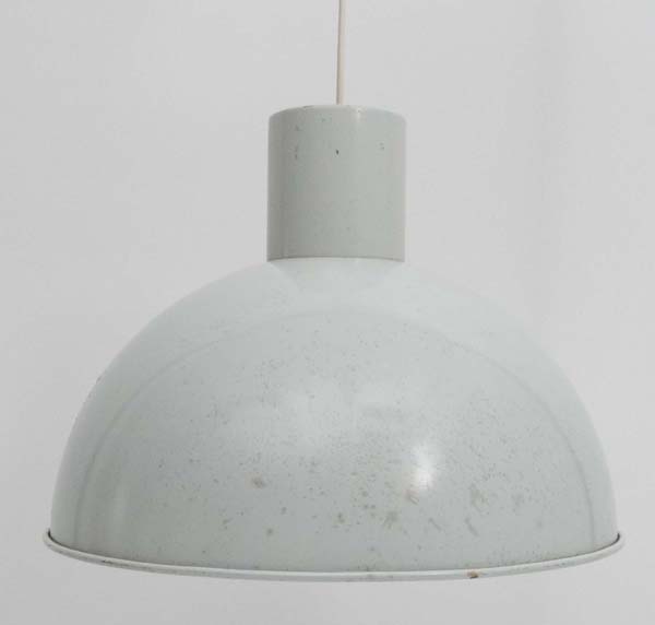 Vintage Retro : a Danish Fog & Morup pendant light of white semi- domed form, labelled within ,