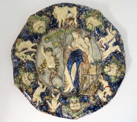 A polychrome figural majolica style dish, possibly by a follower of Bernard Pallisy, moulded in - Image 4 of 14