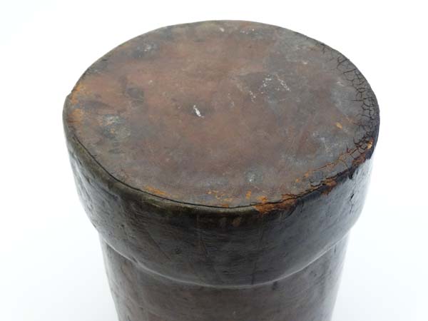 Militaria : A c1900 short Cordite carrier , cylindrical form with leather over cork construction , - Image 2 of 4