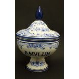 A Blue & White Portuguese pedestal bowl with lid in the style of an apothecaries bowl by John