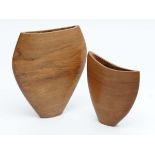 Vintage Retro : Two contemporary Walnut narrow vases, both with the monogram  of the same maker ,