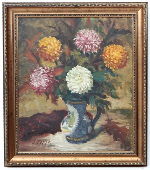 J Thys XX Belgian, 
Oil on canvas,
Still life of Dahlias in a jug vase,
Signed 'J Thys ' lower left,