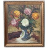 J Thys XX Belgian, 
Oil on canvas,
Still life of Dahlias in a jug vase,
Signed 'J Thys ' lower left,