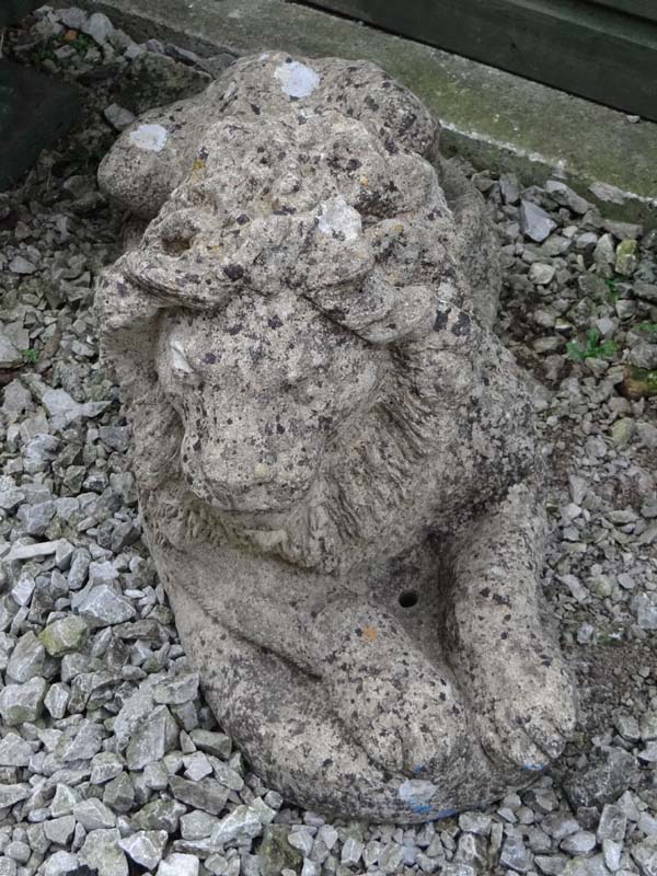 Garden and architectural : an old  composite stone figure of a couchant lion. Has two fixing holes - Image 2 of 6